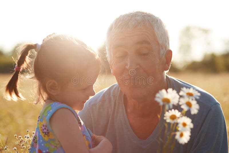 El tiro horizontal del pequeño grannddaughter y del abuelo mayor, miradas alegre en el ramo de camomiles, se opone a la sol imagen de archivo libre de regalías El tiro horizontal del pequeño grannddaughter y del abuelo mayor, miradas alegre en el ramo de camomiles, se opone a la sol imagen de archivo libre de regalías