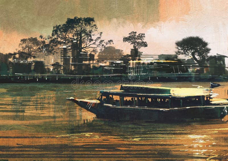El transbordador lleva a pasajeros en el río libre illustration El transbordador lleva a pasajeros en el río libre illustration