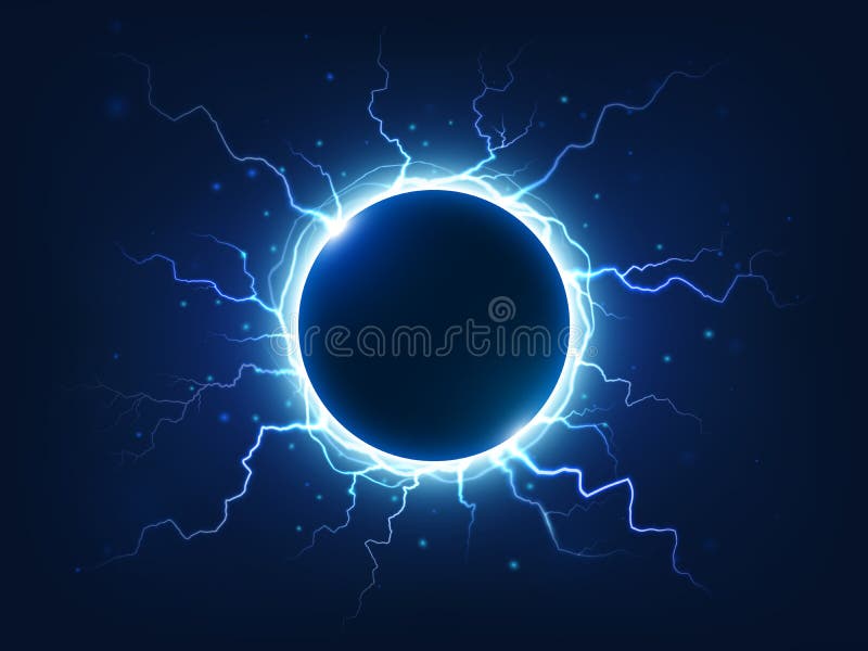 El trueno espectacular y el relámpago rodean la bola eléctrica azul Relámpagos eléctricos rodeados esfera de la energía del poder