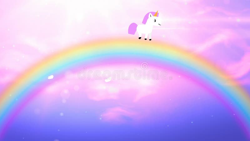El unicornio blanco de la historieta linda con la melena rosada va en el arco iris en el cielo rosado fabuloso Gráfico colocado d