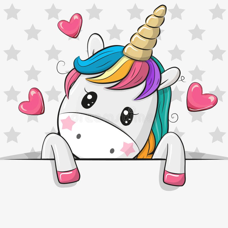 El unicornio de la historieta está llevando a cabo un cartel en un fondo de las estrellas ilustración del vector El unicornio de la historieta está llevando a cabo un cartel en un fondo de las estrellas ilustración del vector