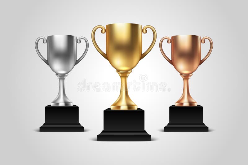 El vector 3d esconde el primer de oro, de plata y de bronce del sistema del icono de la taza de campeón aislado en el fondo blanc libre illustration El vector 3d esconde el primer de oro, de plata y de bronce del sistema del icono de la taza de campeón aislado en el fondo blanc libre illustration