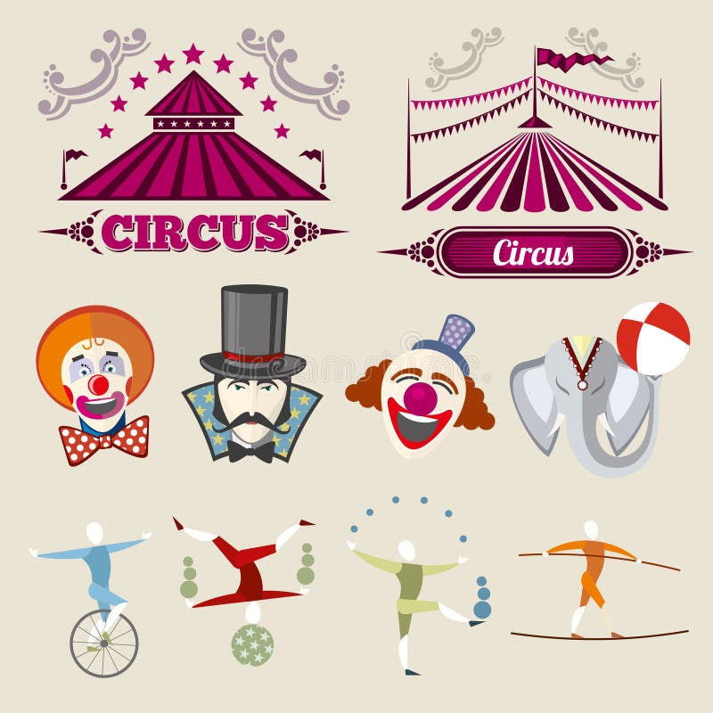 Vintage hipster circus vector set in flat style. Circus vintage element, hipster citcus elephant and clown, circus hipster entertainment illustration. Vintage hipster circus vector set in flat style. Circus vintage element, hipster citcus elephant and clown, circus hipster entertainment illustration