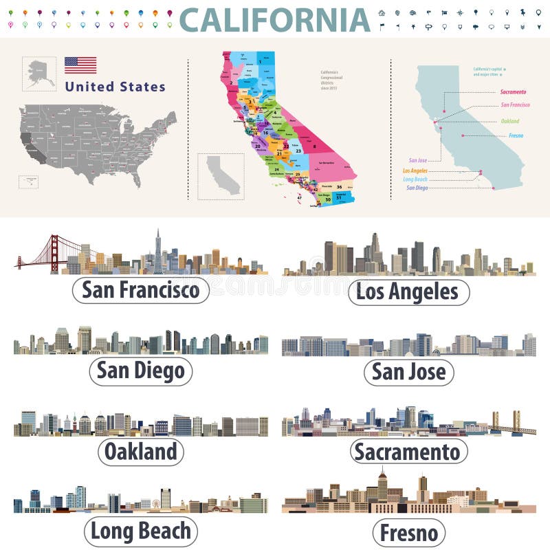 El vector del ` s de California arriba detalló el mapa que mostraba formaciones de los condados Horizontes de ciudades importante ilustración del vector El vector del ` s de California arriba detalló el mapa que mostraba formaciones de los condados Horizontes de ciudades importante ilustración del vector