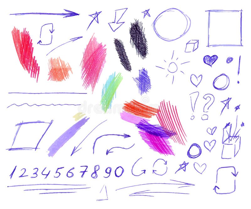 El vector fijó de pluma colorida y dibujar a lápiz garabatear los dibujos aislados, ejemplo exhausto de la mano stock de ilustración El vector fijó de pluma colorida y dibujar a lápiz garabatear los dibujos aislados, ejemplo exhausto de la mano stock de ilustración