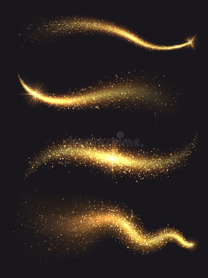 Sparkle stardust. Golden glittering magic vector waves with gold particles collection. Golden sparkle glitter, illustration of shiny stardust trail. Sparkle stardust. Golden glittering magic vector waves with gold particles collection. Golden sparkle glitter, illustration of shiny stardust trail