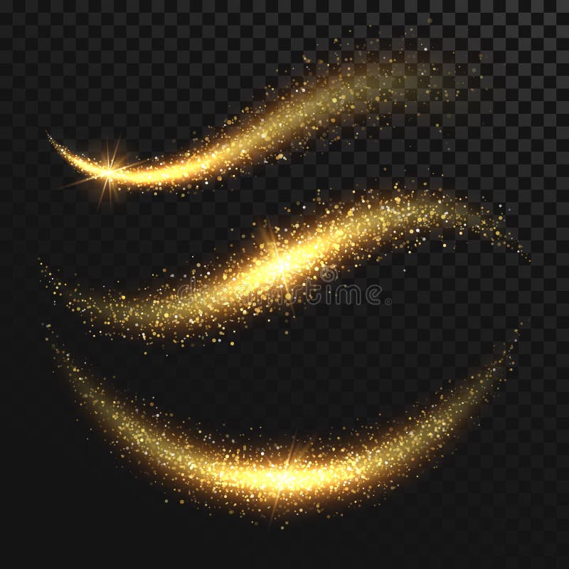 Sparkle stardust. Golden glittering magic vector waves with gold particles isolated on black background. Glitter bright trail, glowing wave shimmer illustration. Sparkle stardust. Golden glittering magic vector waves with gold particles isolated on black background. Glitter bright trail, glowing wave shimmer illustration