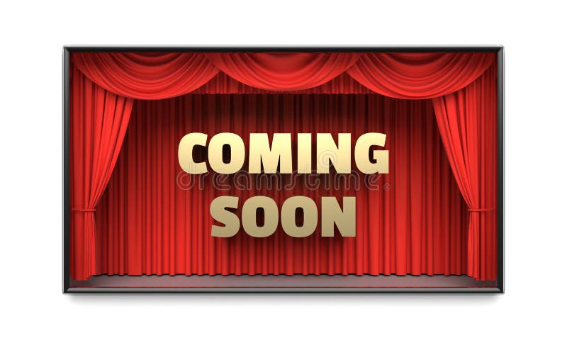 El venir pronto cartel con el ejemplo rojo de las cortinas 3D de la etapa fotos de archivo El venir pronto cartel con el ejemplo rojo de las cortinas 3D de la etapa fotos de archivo
