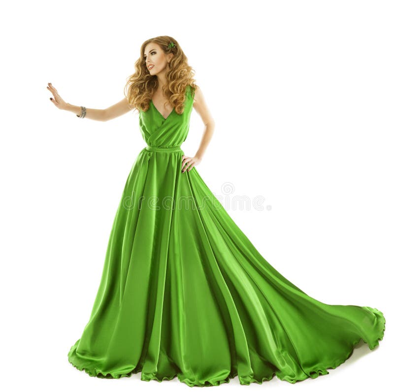 El vestido del verde de la mujer, modelo de moda en vestido de seda largo toca a mano imagen de archivo libre de regalías