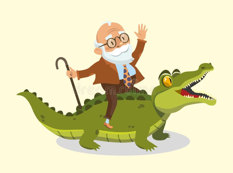 El viejo hombre divertido monta un cocodrilo libre illustration El viejo hombre divertido monta un cocodrilo libre illustration
