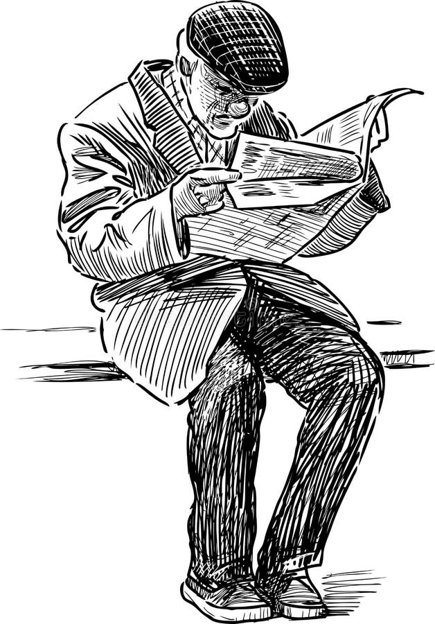 El viejo hombre lee un periódico en el banco de parque libre illustration El viejo hombre lee un periódico en el banco de parque libre illustration