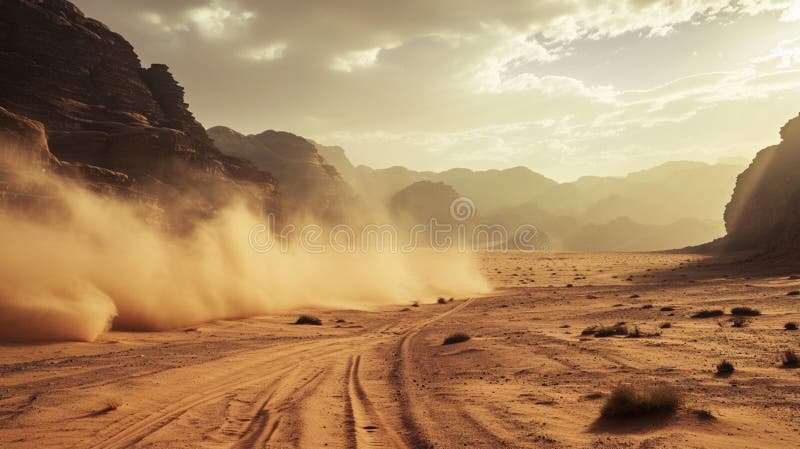 The wind raises the dust in Wadi Rum, Sahara or Arabian desert. The wind raises the dust in Wadi Rum, Sahara or Arabian desert