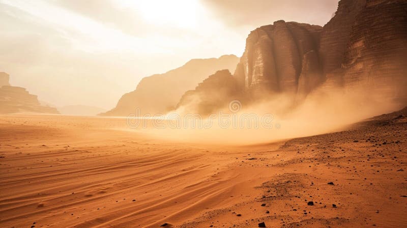 The wind raises the dust in Wadi Rum, Sahara or Arabian desert. The wind raises the dust in Wadi Rum, Sahara or Arabian desert