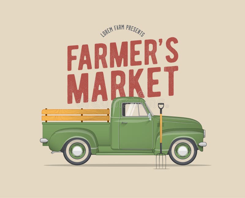 El vintage temático del mercado del ` s del granjero diseñó el ejemplo del vector de la camioneta pickup del verde del ` s del gr