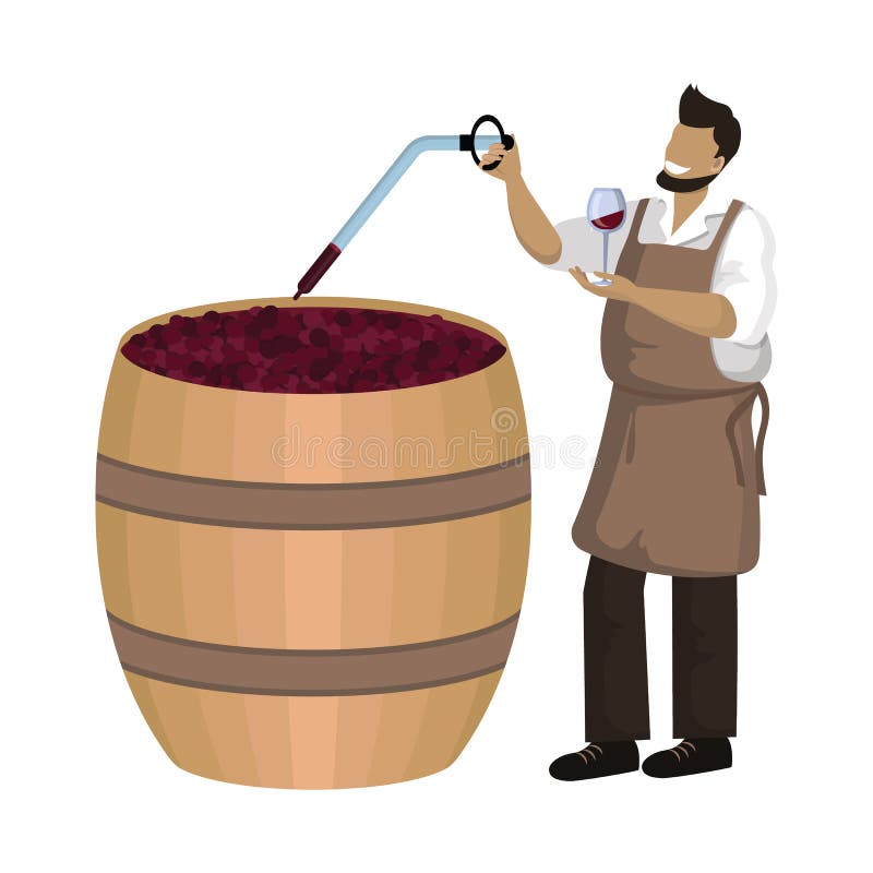  El Viticultor Macho Comprueba El Vino Durante El Proceso De Fermentación En Una Gran Cabaña De Madera Crepúsculo, Maceración, Fer Ilustración del Vector