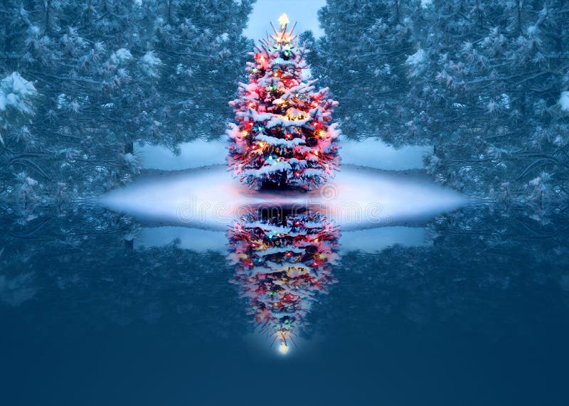 El árbol de navidad maravillosamente adornado refleja mágico en el lago congelado libre illustration
