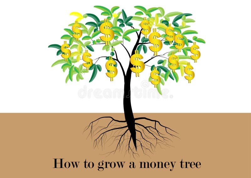 El árbol, el árbol con las hojas y el símbolo de oro del dinero es la fruta del árbol, con el ejemplo del vector de las raíces stock de ilustración El árbol, el árbol con las hojas y el símbolo de oro del dinero es la fruta del árbol, con el ejemplo del vector de las raíces stock de ilustración