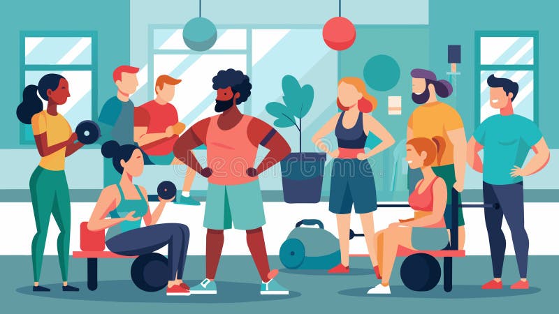 The gyms social area buzzes with members sharing and discussing their latest intimidating encounters and success stories.. AI generated. The gyms social area buzzes with members sharing and discussing their latest intimidating encounters and success stories.. AI generated