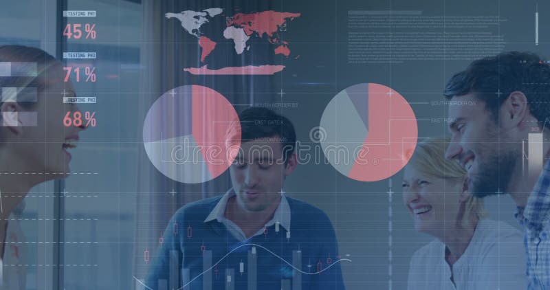 Elaborazione di dati statistici contro gli imprenditori in sala riunioni dell'ufficio royalty illustrazione gratis