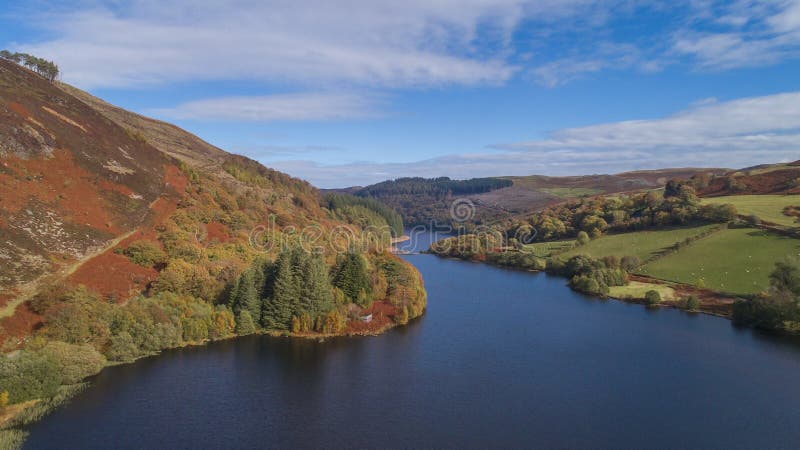 Elan Valley from drone in autumn cover. Elan Valley in mid Wales, great place for visit especially in autumn when forest are so colorful stock photography Elan Valley from drone in autumn cover. Elan Valley in mid Wales, great place for visit especially in autumn when forest are so colorful stock photography