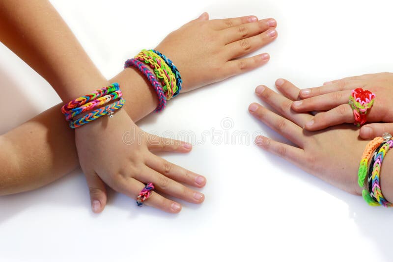 Colorful Rubber Rainbow Loom Band Bracelets On Hand Stock Photo