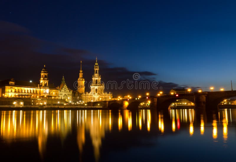 Elbe river with Catholic Church, Dresden, Germany. Elbe river with Catholic Church of the Royal Court of Saxony (Hofkirche) after sunset, Dresden, Germany stock photos Elbe river with Catholic Church, Dresden, Germany. Elbe river with Catholic Church of the Royal Court of Saxony (Hofkirche) after sunset, Dresden, Germany stock photos