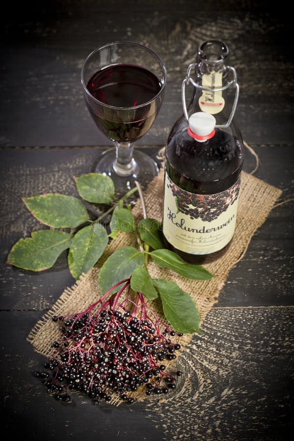 Elderberry Wine and Elderberries on Wooden Table Stock Photo Image of