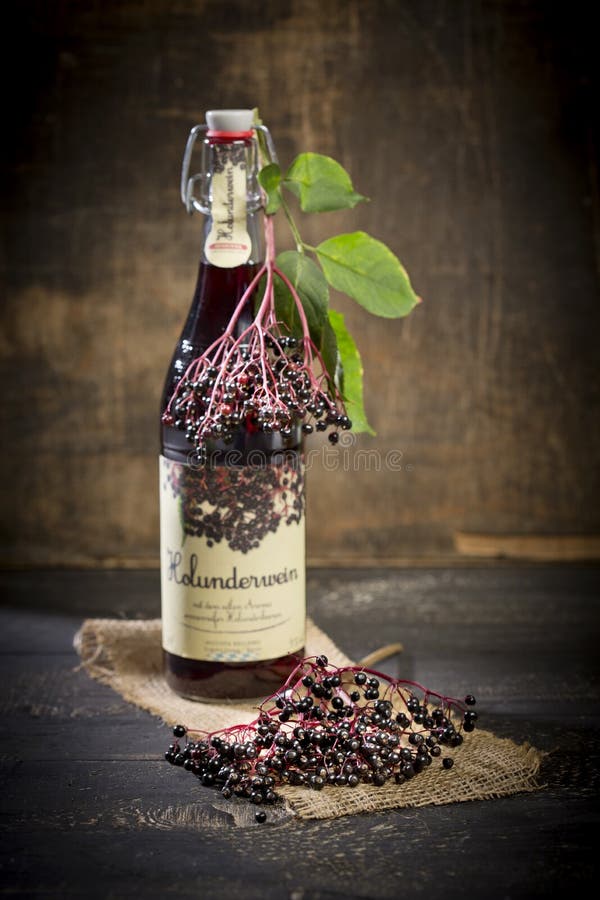 Elderberry Wine and Elderberries on Wooden Table Stock Image Image of