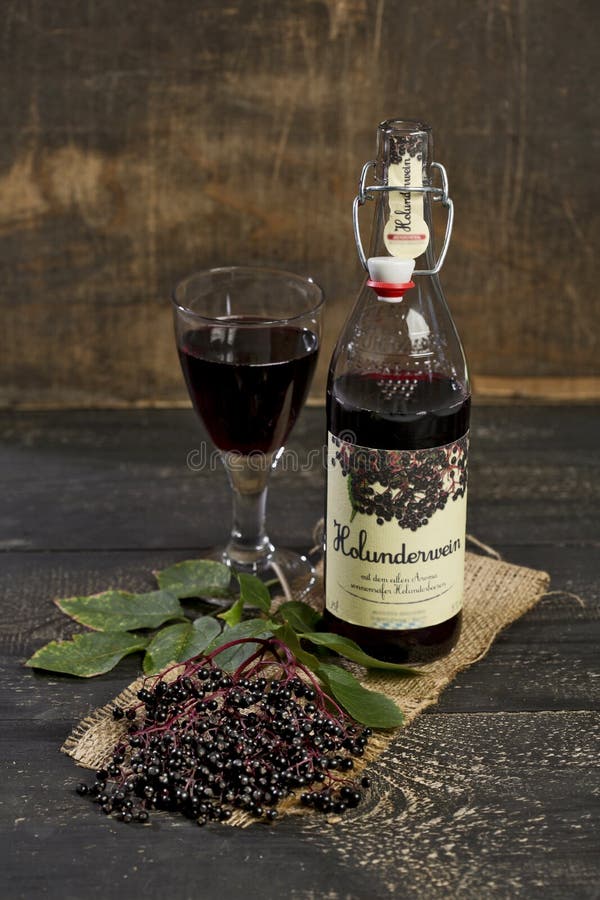 Elderberry Wine and Elderberries on Wooden Table Stock Image Image of