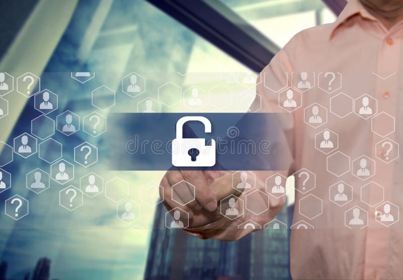 An elderly businessman chooses lock like security shield business on the Internet on the touch screen with a blur office backgrou royalty free stock image An elderly businessman chooses lock like security shield business on the Internet on the touch screen with a blur office backgrou royalty free stock image