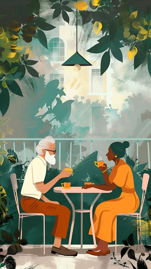 An elderly couple in a cafe. Grandfather with a beard and grandmother are drinking coffee or tea at a table in a cozy cafe. Green background.  AI generated