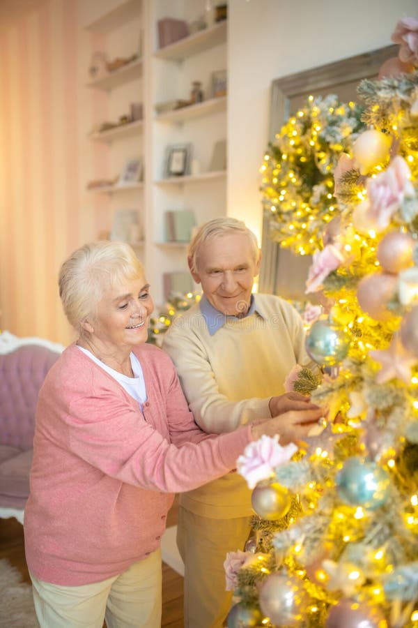 Elderly Couple Decorating Christmas Tree Together and Looking Contented