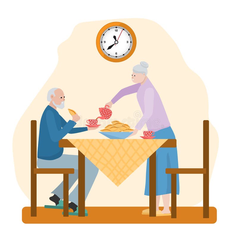 An elderly couple is drinking tea at a table. Grandma pours tea to grandfather. Vector illustration