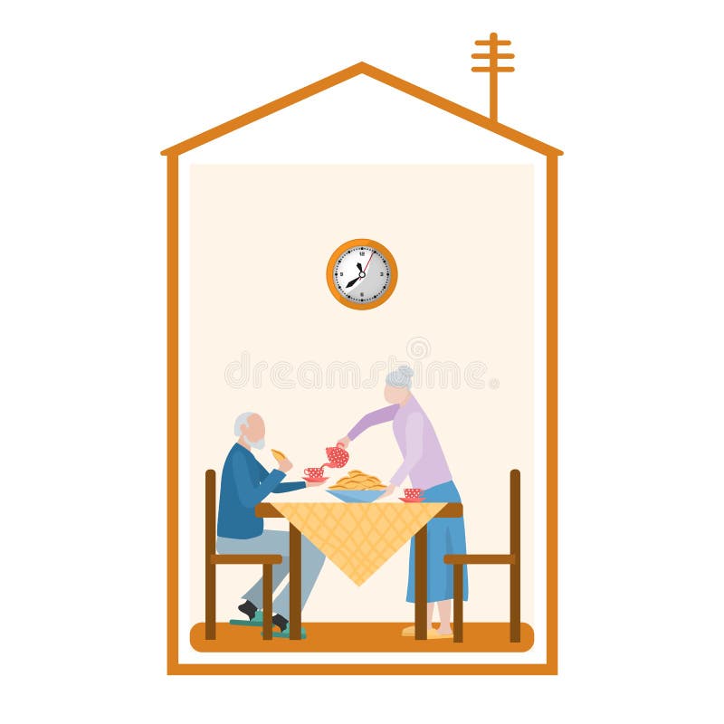 An elderly couple is drinking tea at a table, the silhouette of a house. Concept: spending time at home on self-isolation and quarantine, elderly people. Vector