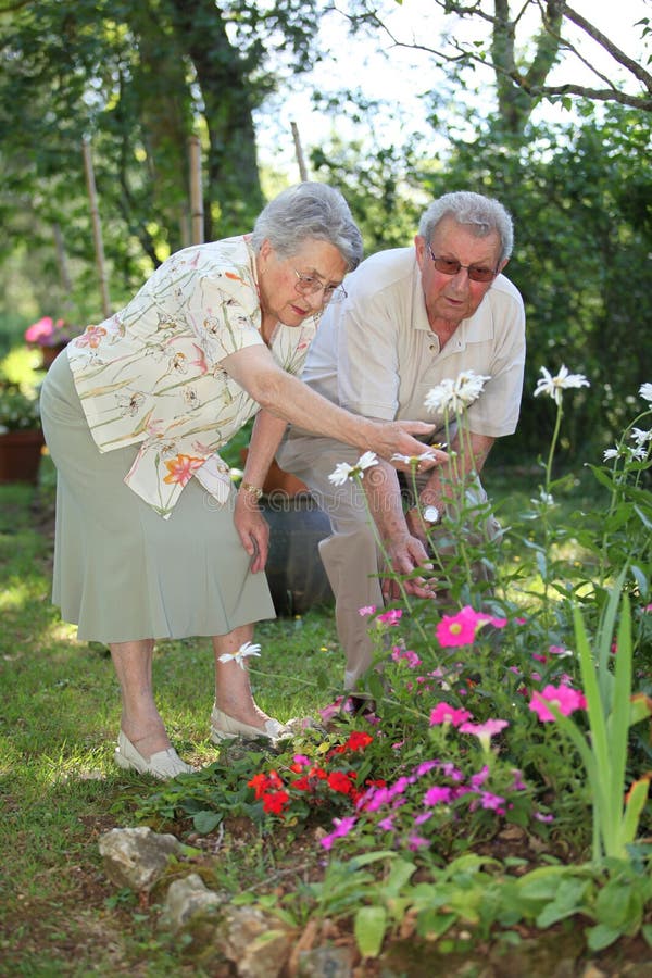 Elderly couple in garden