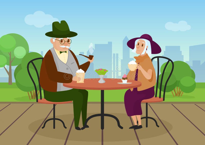 Elderly couple drinking coffee in outdoor street cafe vector illustration. Cartoon urban cityscape with husband wife characters sitting together at cafeteria table, senior people have rest background. Elderly couple drinking coffee in outdoor street cafe vector illustration. Cartoon urban cityscape with husband wife characters sitting together at cafeteria table, senior people have rest background