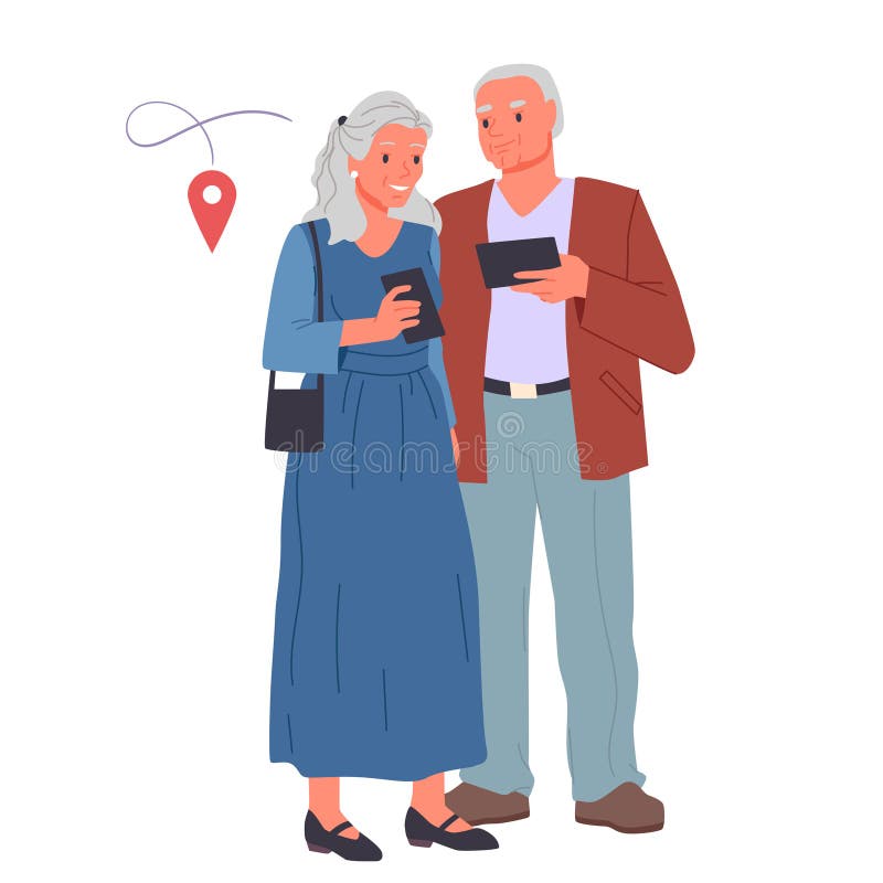 Elderly couple using GPS navigation map in mobile app, people holding smartphones stock illustration