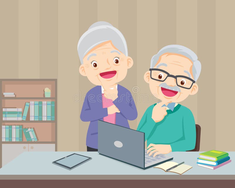 Elderly couple using a laptop computer at home royalty free illustration