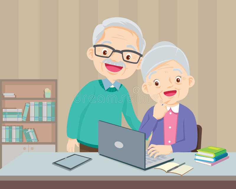 Elderly couple using a laptop computer at home so happy vector illustration