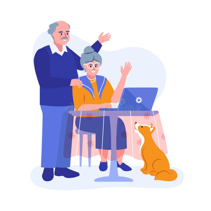 An elderly couple using a laptop. Vector illustration royalty free illustration
