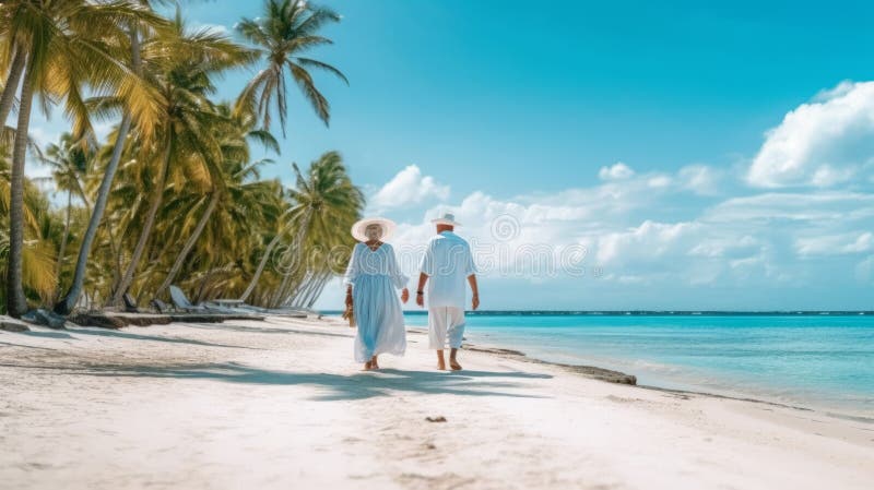 Elderly Couple Walk Along The Beach On A Summer Morning Stock Illustration Illustration Of 