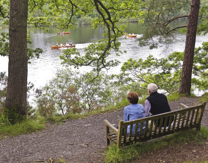 An Elderly Couple Watch Rowboats in a Lake