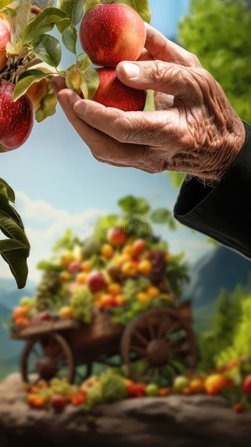 An elderly farmer s hands picking apples