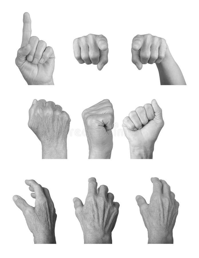 Elderly female hand showing various gestures, including pointing and clenched fist, wrinkled skin royalty free stock images