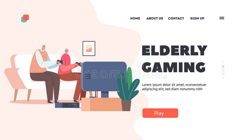 Elderly Gaming Landing Page Template. Couple Characters Playing Video Game. Happy Senior Man, Woman Fun, Hanging Out With Modern Entertainment Gadget. Old People Gamers. Cartoon Vector Illustration