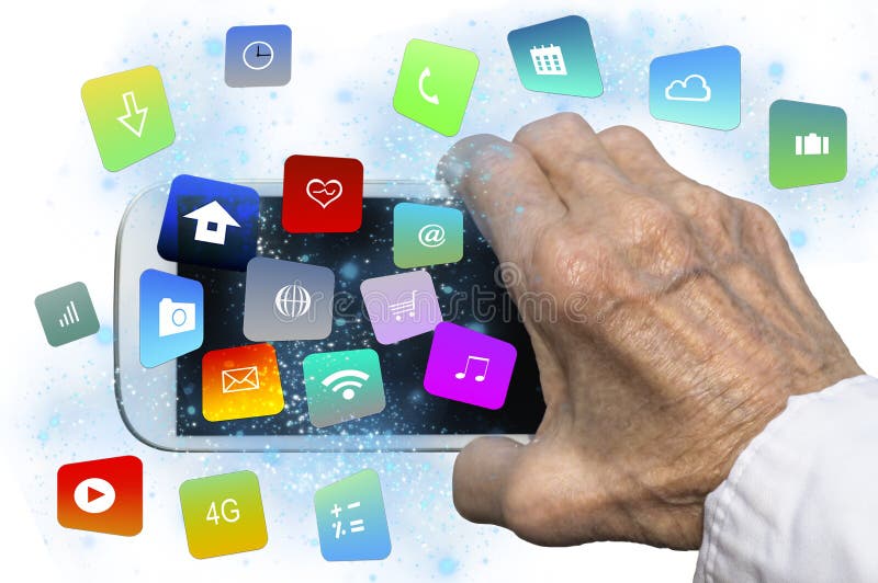 Elderly hand holding a smartphone with modern colorful floating apps and icons. Selective focus.
