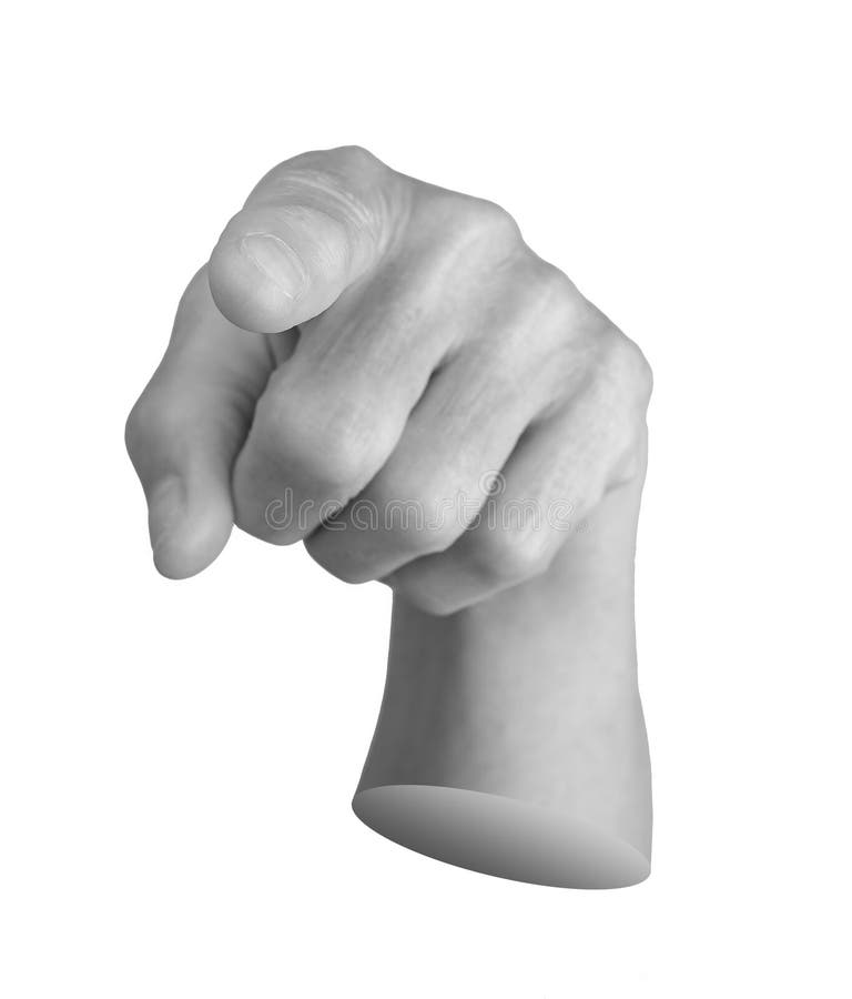 Elderly hand pointing with index finger, directing attention forward. Wrinkled, aged fingers in royalty free stock photo