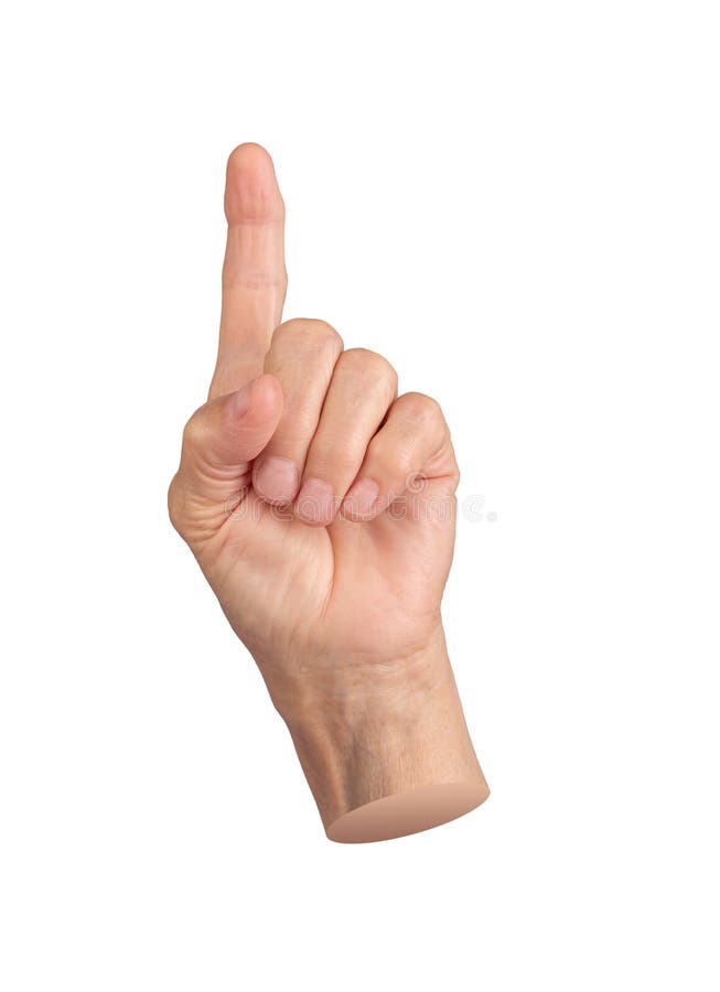 Elderly hand pointing upward with index finger, signaling warning and emphasis. Wrinkled, aged stock image