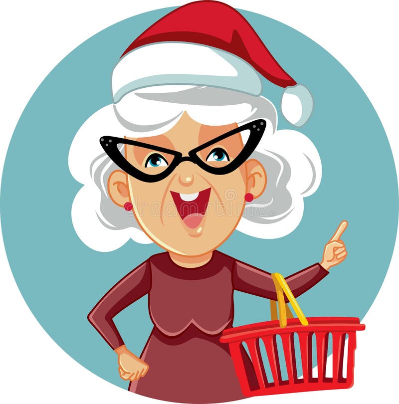 Mrs. Claus Holding a Shopping Basket Vector Cartoon Illustration Stock
