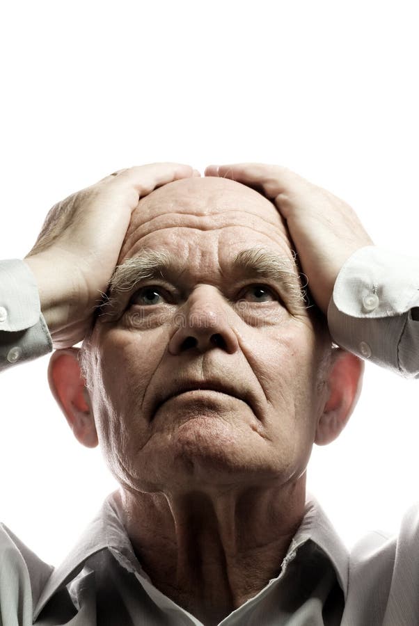 Elderly man in depair. Isolated on white background. Problem wrinkle stock images, royalty-free photos and pictures
